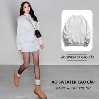 Set Bộ Nỉ Trơn Nữ Thu Đông CHEPOL Cổ Tròn, In Chữ, Chất Nỉ Chân Cua Cao Cấp, Dày Dặn (Áo Sweater Trắng + Chân Váy Trắng)