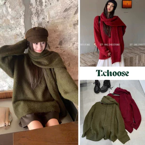 Áo len trơn cổ rộng dáng dài kèm khăn 2 màu đỏ xanh 9130 TCHOOSE