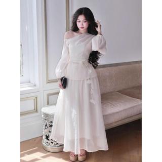 Set áo kèm chân váy lệch vai tay bồng voan tơ nến cao cấp phong cách sang trọng tiểu thư size S142