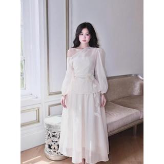Set áo kèm chân váy lệch vai tay bồng voan tơ nến cao cấp phong cách sang trọng tiểu thư size S142
