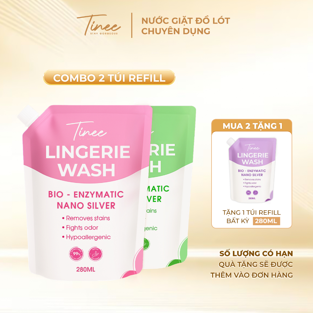 [MUA 2 TẶNG 1] Túi refill - Nước Giặt Đồ Lót Chuyên Dụng Tinee 280ml Nano Bạc Hạn Chế Nấm Khuẩn