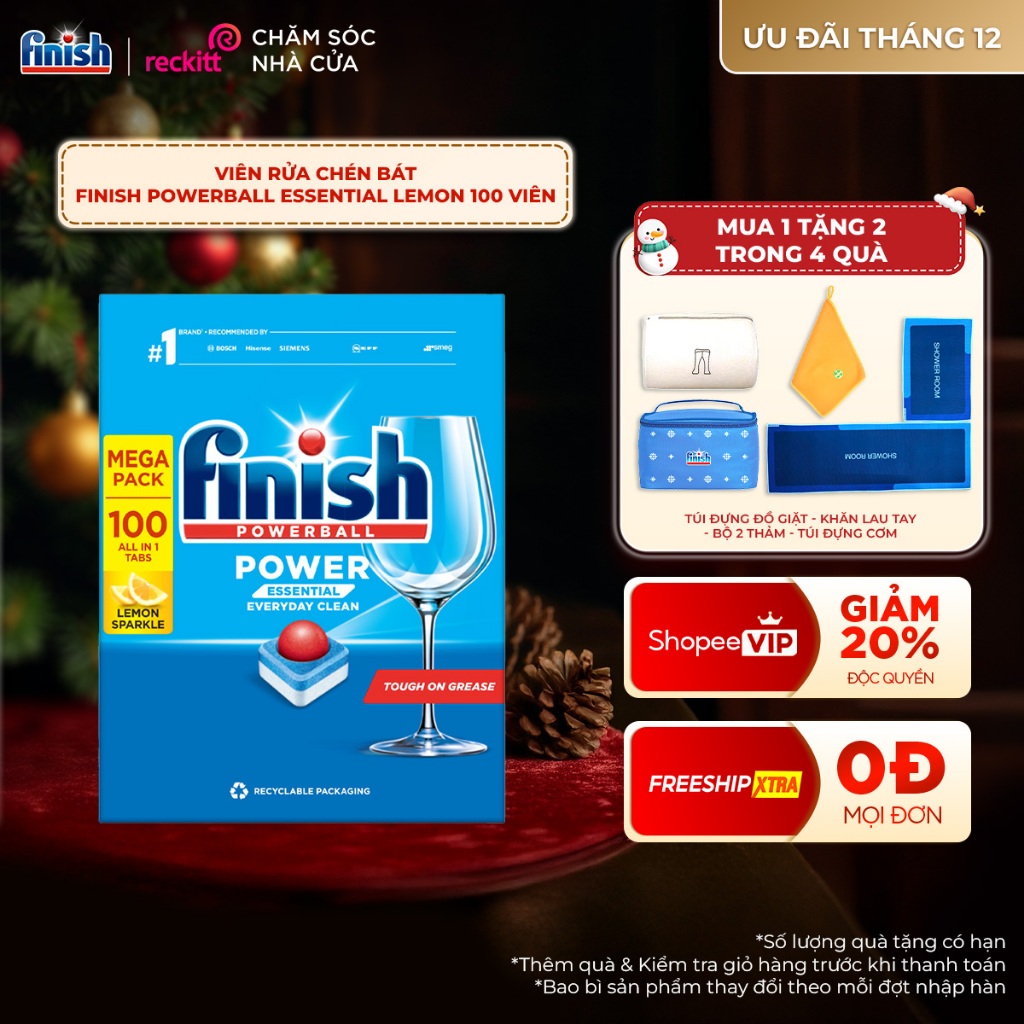 Viên Rửa Chén Bát Finish Khử Mùi Hương Chanh Powerball Essential Lemon 100 Viên