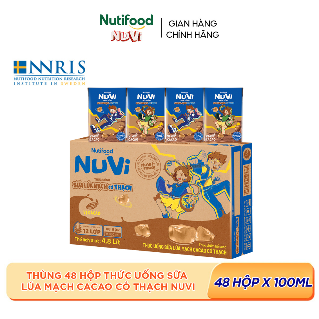 Thùng 48 Hộp Thức Uống Sữa Lúa Mạch Cacao Có Thạch NuVi 100ml