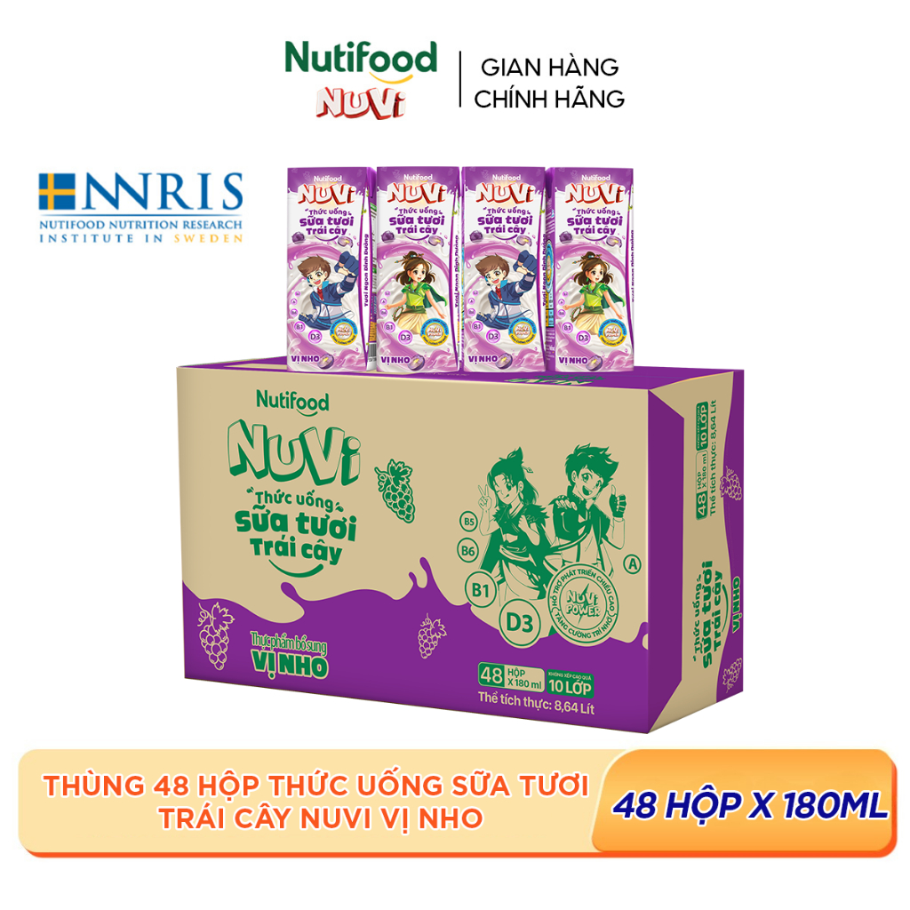 Thùng 48 Thức Uống Sữa Tươi Trái Cây Nuvi 180ml