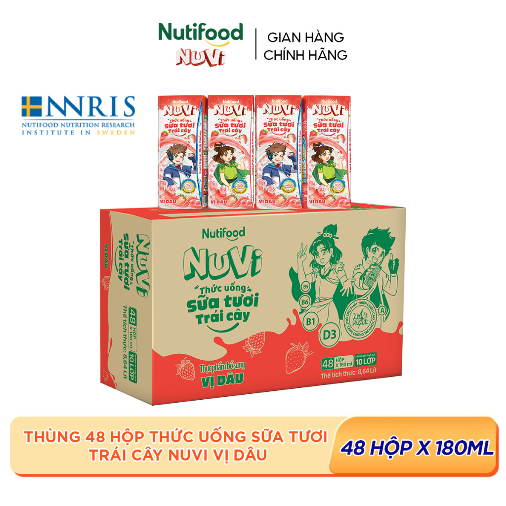 Thùng 48 Thức Uống Sữa Tươi Trái Cây NuVi Vị Dâu 180ml/hộp