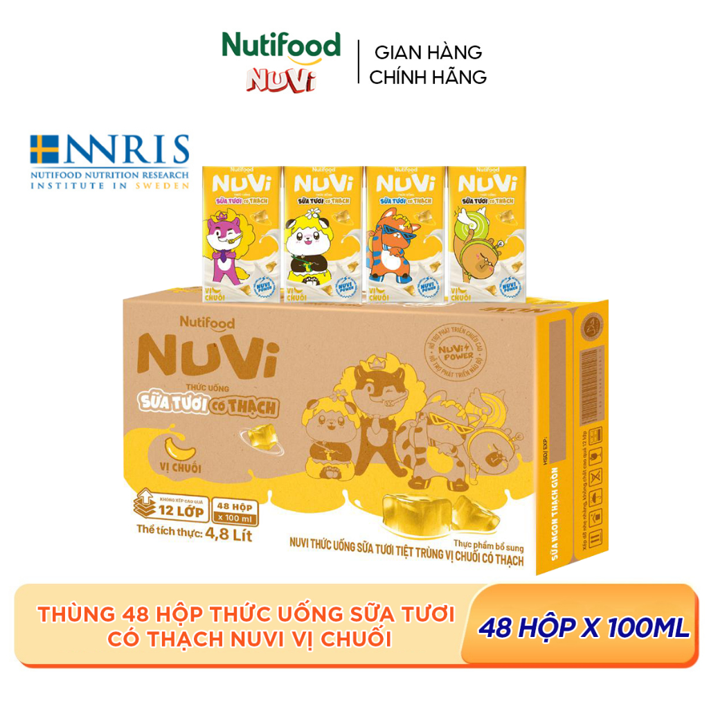 Thùng 48 Hộp NuVi Thức Uống Sữa Tươi Tiệt Trùng Vị Chuối Có Thạch 100 ml