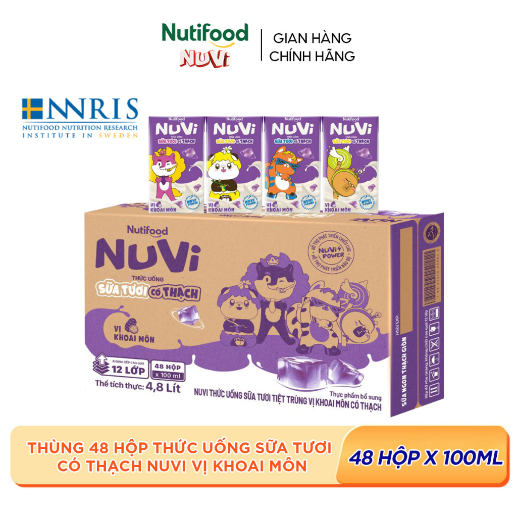 [KOL] Thùng 48 Hộp Thức Uống Sữa Tươi Có Thạch NuVi Chọn Vị 100ml