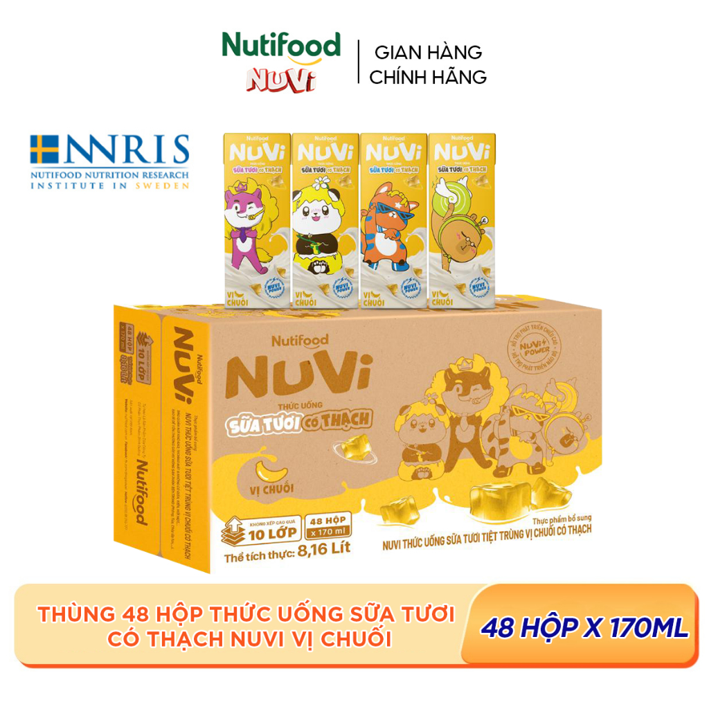[KOL] Thùng 48 Hộp Thức Uống Sữa Tươi Có Thạch NuVi Chọn Vị 170ml