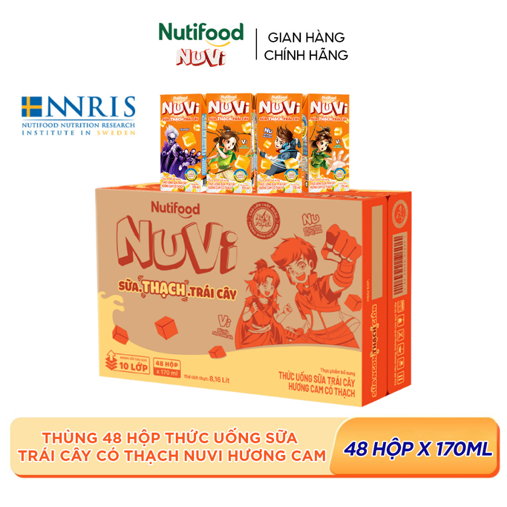 Thùng 48 Hộp Thức Uống Sữa Trái Cây Có Thạch NuVi Hương Cam 170ml