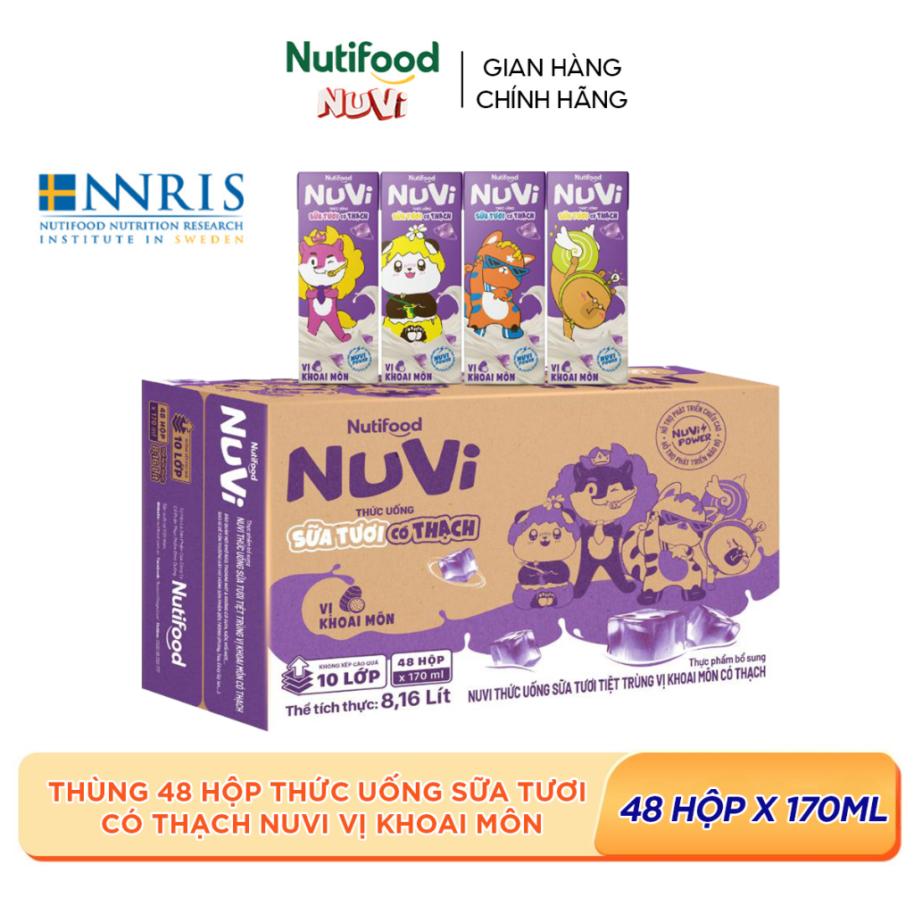 [KOL] Thùng 48 Hộp Thức Uống Sữa Tươi Có Thạch NuVi Chọn Vị 170ml