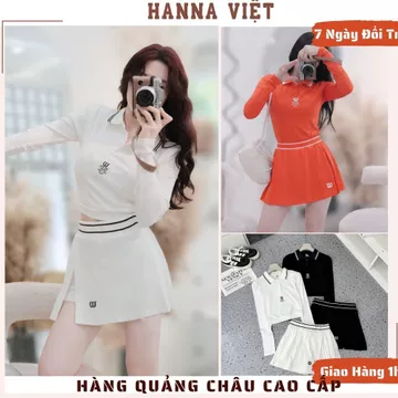 Set Đồ Nữ, Đồ Thể Thao Nữ, Đồ Pickleball Nữ, Set Áo Dài Tay W Cổ Bẻ Phối Chân Váy Cạp Dệt H11 Ms480