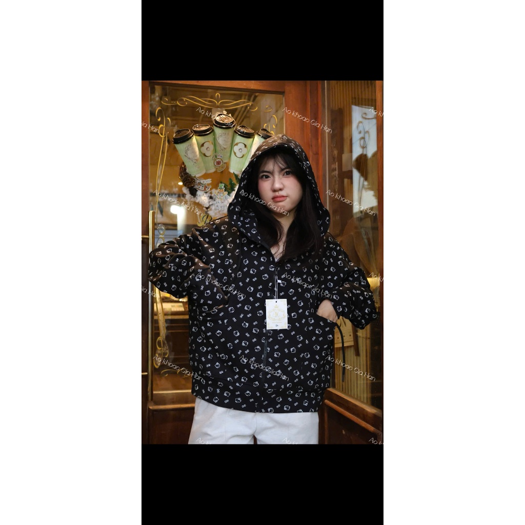 BOXY FORM 6 Túi -  Áo khoác PC POLY COTTON 2 DA in Hello Kitty  phối túi đứng Nón to rộng 2 lớp Freesize dưới 70KG
