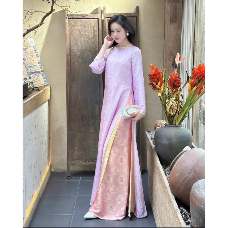 Set áo dài cách tân gấm 4 tà, mẫu áo dài 4 tà chất liệu vải gấm 4 tà phối tay dài loe (Đủ Màu) đẹp sang trọng — ảnh 1