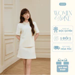 Set Nữ Thiết Kế YAME Màu Kem Áo Cổ Đính Hạt Tay Ngắn Phối Túi Giả Chân Váy Ngắn Thanh Lịch Éclat YS799 — ảnh 1