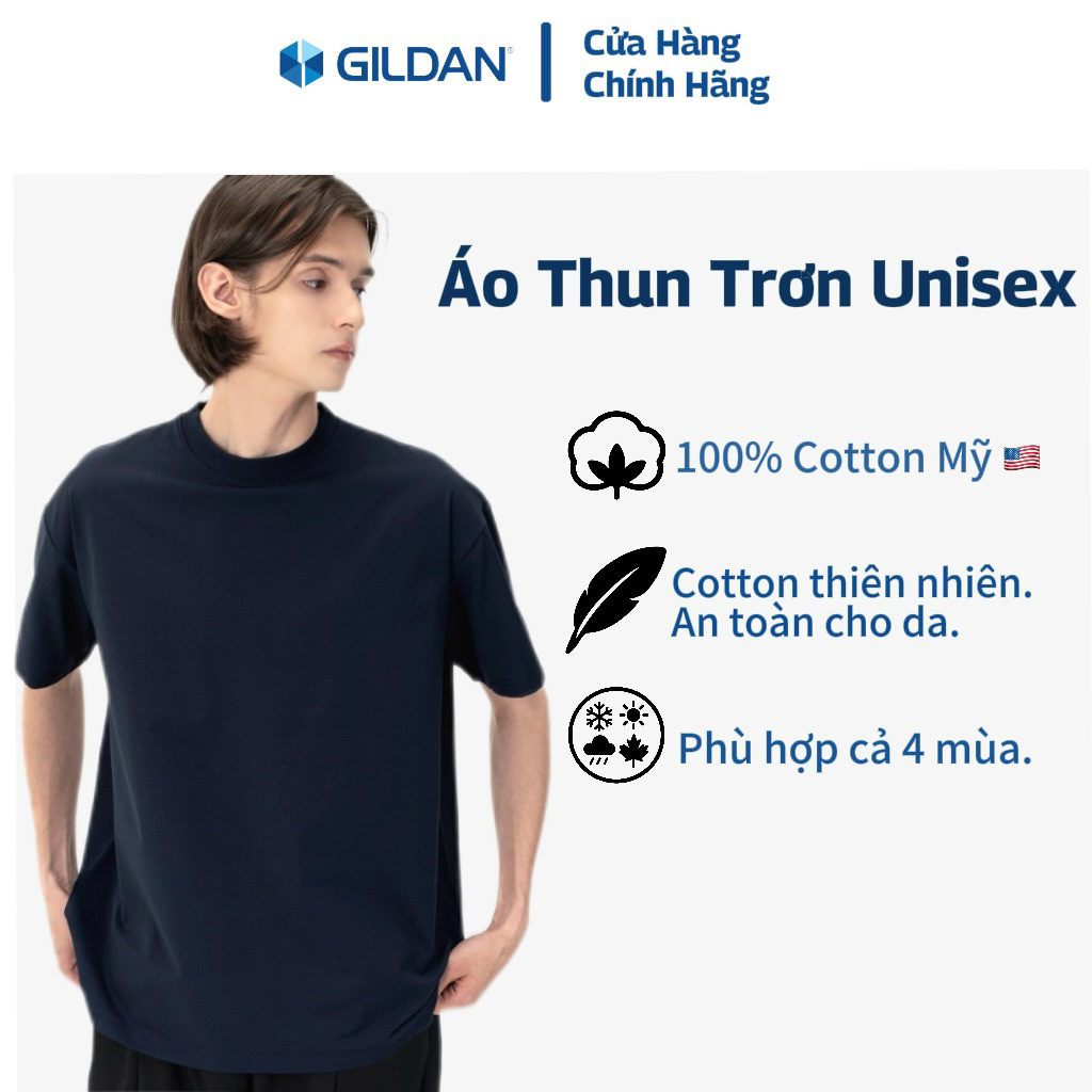 GILDAN - Áo Thun Trơn Chính Hãng từ Mỹ 100% Cotton Cao Cấp Mềm Mại Thoáng Mát, Áo Thun Unisex Nam Nữ Basic Tôn Chiều Cao