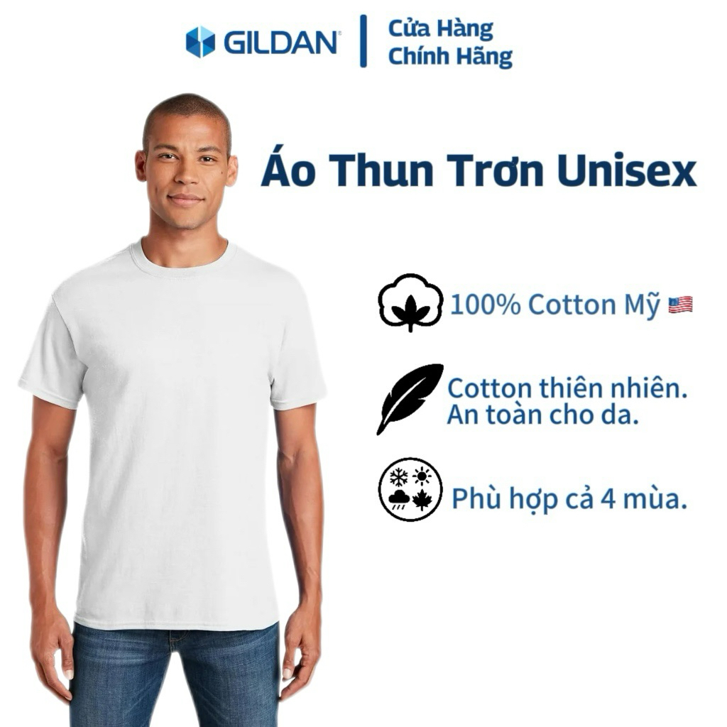 GILDAN - Áo Thun Trơn Chính Hãng từ Mỹ 100% Cotton Cao Cấp Mềm Mại Thoáng Mát, Áo Phông Unisex Nam Basic Tôn Dáng