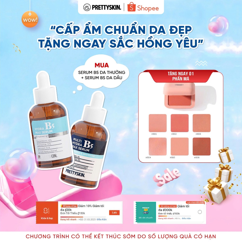 (Tặng má hồng) Serum giúp phục hồi dưỡng sáng B5 Prettyskin 50ml