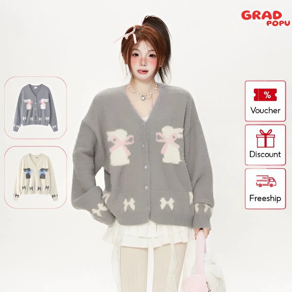 Áo khoác len nữ GRADPOPU dệt kim ngắn lông chồn giả mềm mịn và ấm áp, kiểu dáng độc đáo AK267