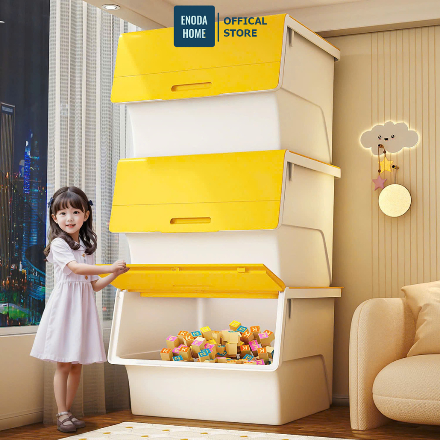 Hộp Nhựa Đựng Đồ Chơi Enoda Home, Thùng Đựng Đồ Chơi Nắp Lật 3 Nấc, Xếp Chồng Chắc Chắn Q011