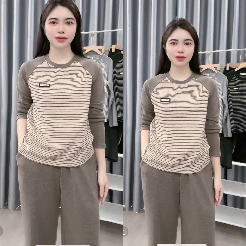 2026. [SÉT TAG BEST] Sét áo nỉ lông kẻ phối tay+ quần suông dài. Đủ size SMLXL 40kg- 70kg