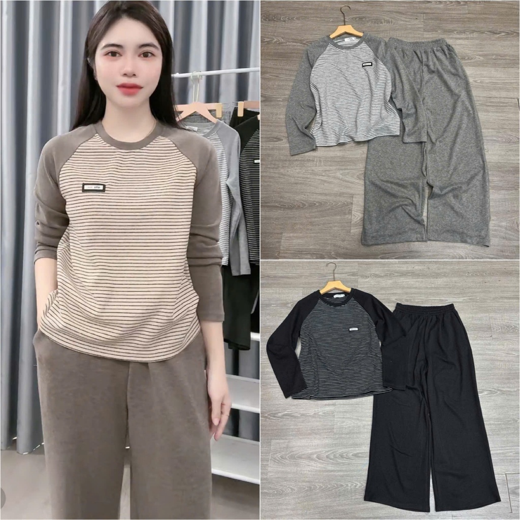 2026. [SÉT TAG BEST] Sét áo nỉ lông kẻ phối tay+ quần suông dài. Đủ size SMLXL 40kg- 70kg