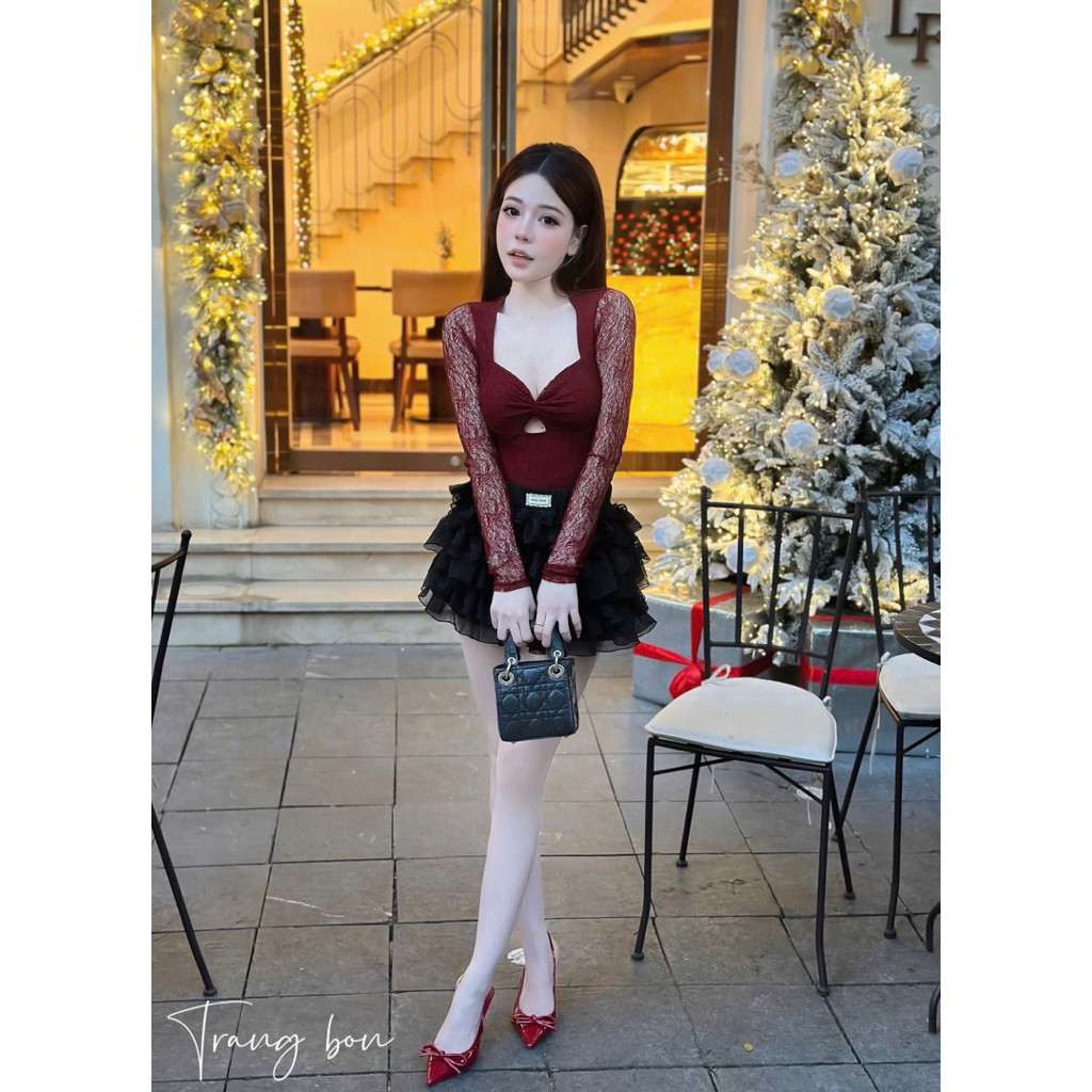 Set áo ren dài tay rúm ngực chân váy tầng xinh yêu