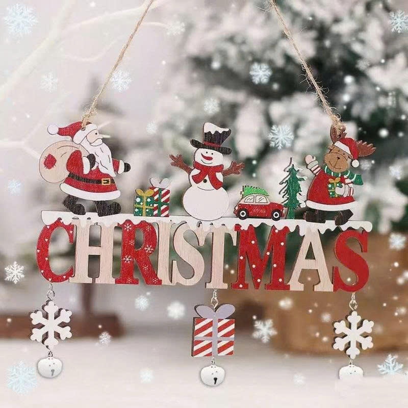 Chữ gỗ  merry christmas gắn Chuông nhiều phụ kiện đẹp Ông Già Noel Người Tuyết