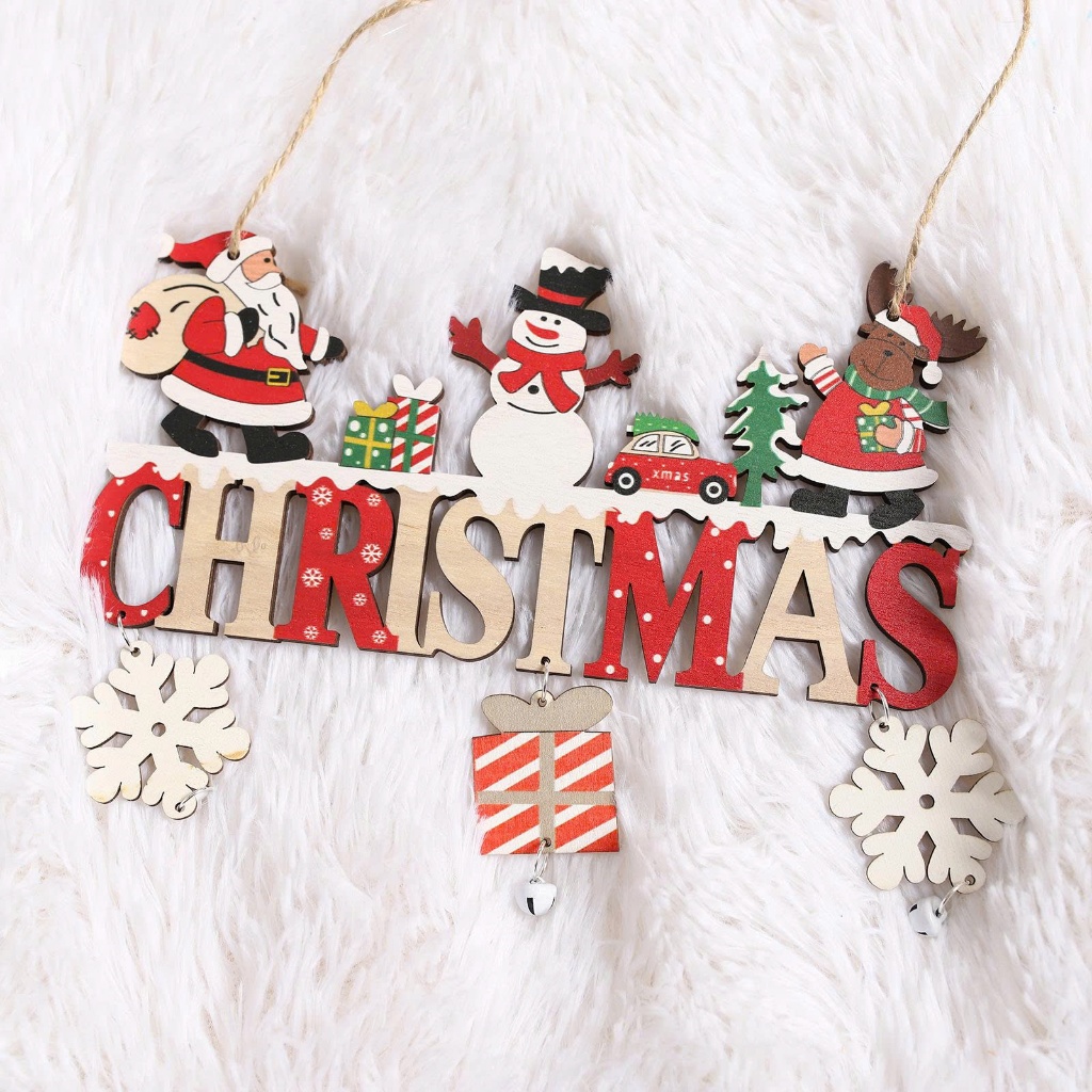 Chữ gỗ  merry christmas gắn Chuông nhiều phụ kiện đẹp Ông Già Noel Người Tuyết