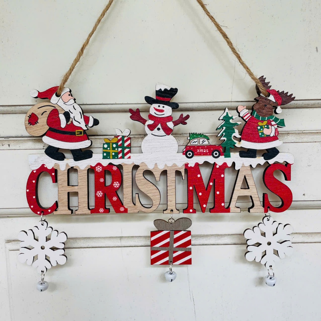 Chữ gỗ  merry christmas gắn Chuông nhiều phụ kiện đẹp Ông Già Noel Người Tuyết