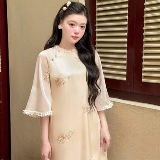 Set áo dài thời trang Nữ mặc chụp ảnh Tết áo tơ thêu cao cấp cổ trụ tay loe duyên dáng mix quần satin ống suông xịn mịn