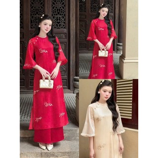 Set áo dài thời trang Nữ mặc chụp ảnh Tết áo tơ thêu cao cấp cổ trụ tay loe duyên dáng mix quần satin ống suông xịn mịn
