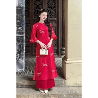 Set áo dài thời trang Nữ mặc chụp ảnh Tết áo tơ thêu cao cấp cổ trụ tay loe duyên dáng mix quần satin ống suông xịn mịn