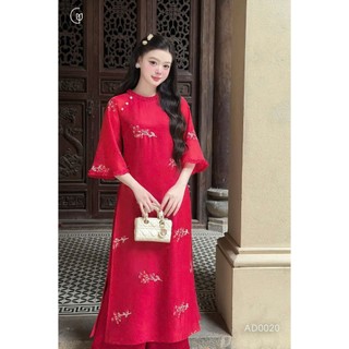 Set áo dài thời trang Nữ mặc chụp ảnh Tết áo tơ thêu cao cấp cổ trụ tay loe duyên dáng mix quần satin ống suông xịn mịn