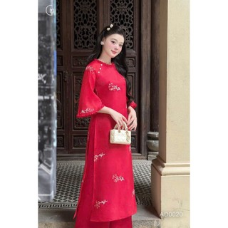 Set áo dài thời trang Nữ mặc chụp ảnh Tết áo tơ thêu cao cấp cổ trụ tay loe duyên dáng mix quần satin ống suông xịn mịn