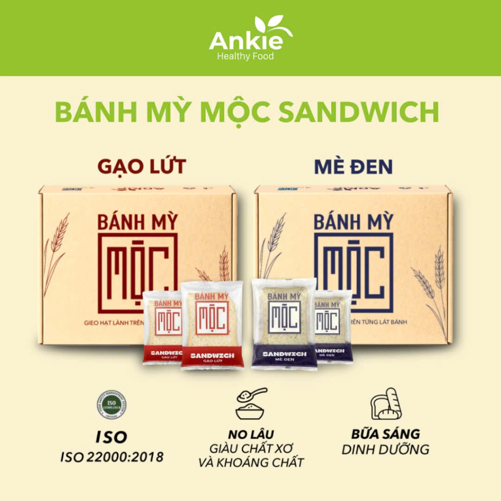 Bánh mỳ Mộc sandwich gạo lứt, mè đen ăn kiêng, nguyên cám cho người tiểu đường ANKIE - Hộp 6 Gói 330Gr
