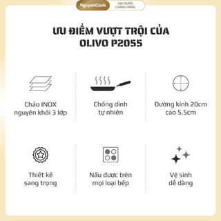 Chảo Inox 3 Lớp OLIVO P2055 – Lòng Inox 304, 20cm – Chống Dính Tự Nhiên – Dùng Mọi Loại Bếp