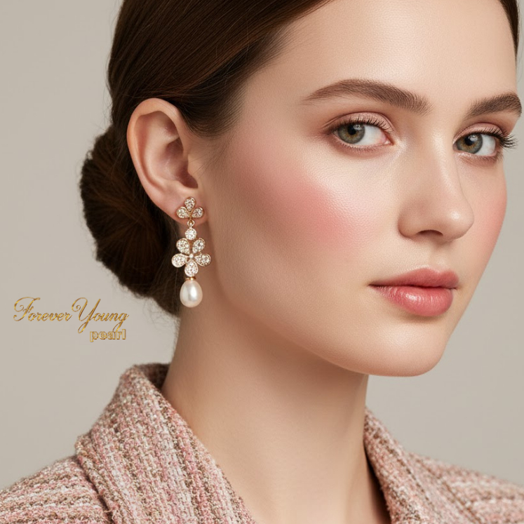 Mã BT50. Bông Tai Ngọc Trai Nuôi Nước Ngọt Dày 7-9 Li Hoa 5 Cánh . Forever Young Pearl