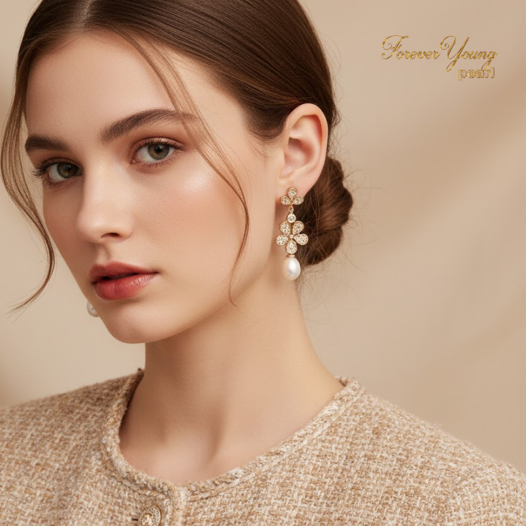 Mã BT50. Bông Tai Ngọc Trai Nuôi Nước Ngọt Dày 7-9 Li Hoa 5 Cánh . Forever Young Pearl