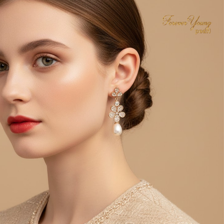 Mã BT50. Bông Tai Ngọc Trai Nuôi Nước Ngọt Dày 7-9 Li Hoa 5 Cánh . Forever Young Pearl
