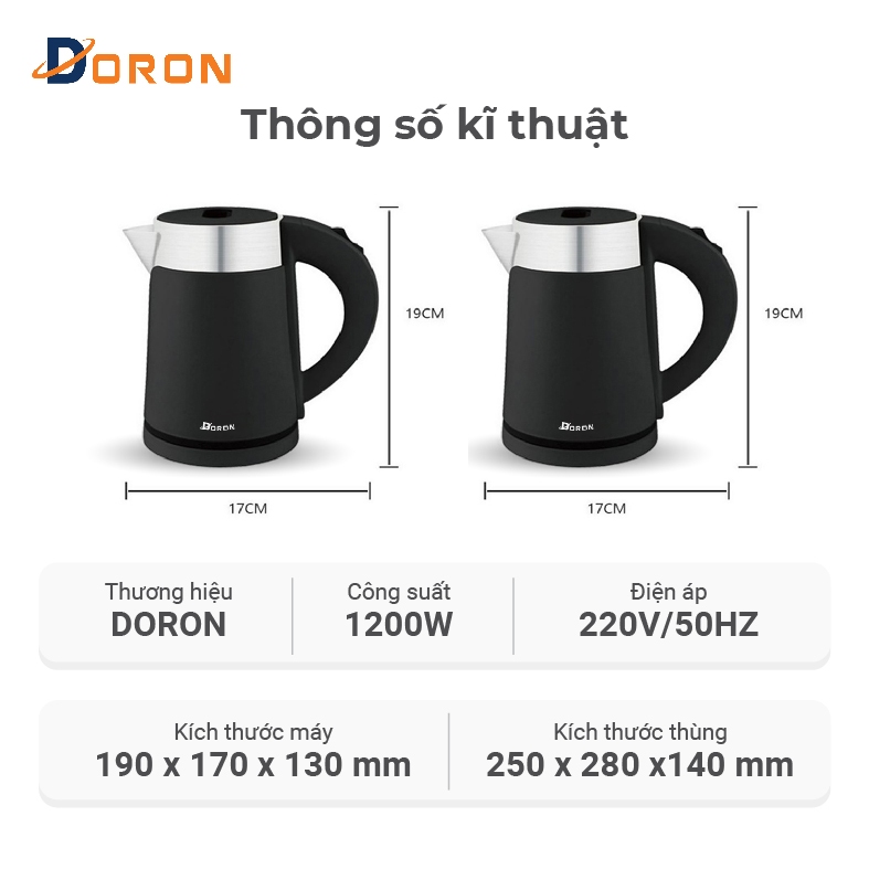 Ấm siêu tốc 1200W 2 lớp cách nhiệt an toàn, dung tích 1L