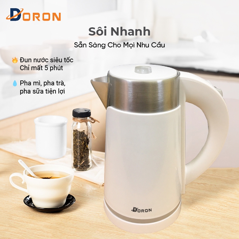 Ấm siêu tốc 1200W 2 lớp cách nhiệt an toàn, dung tích 1L