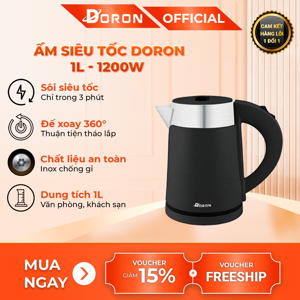 Ấm siêu tốc DORON 1200W dung tích 1l, tự ngắt điện khi sôi