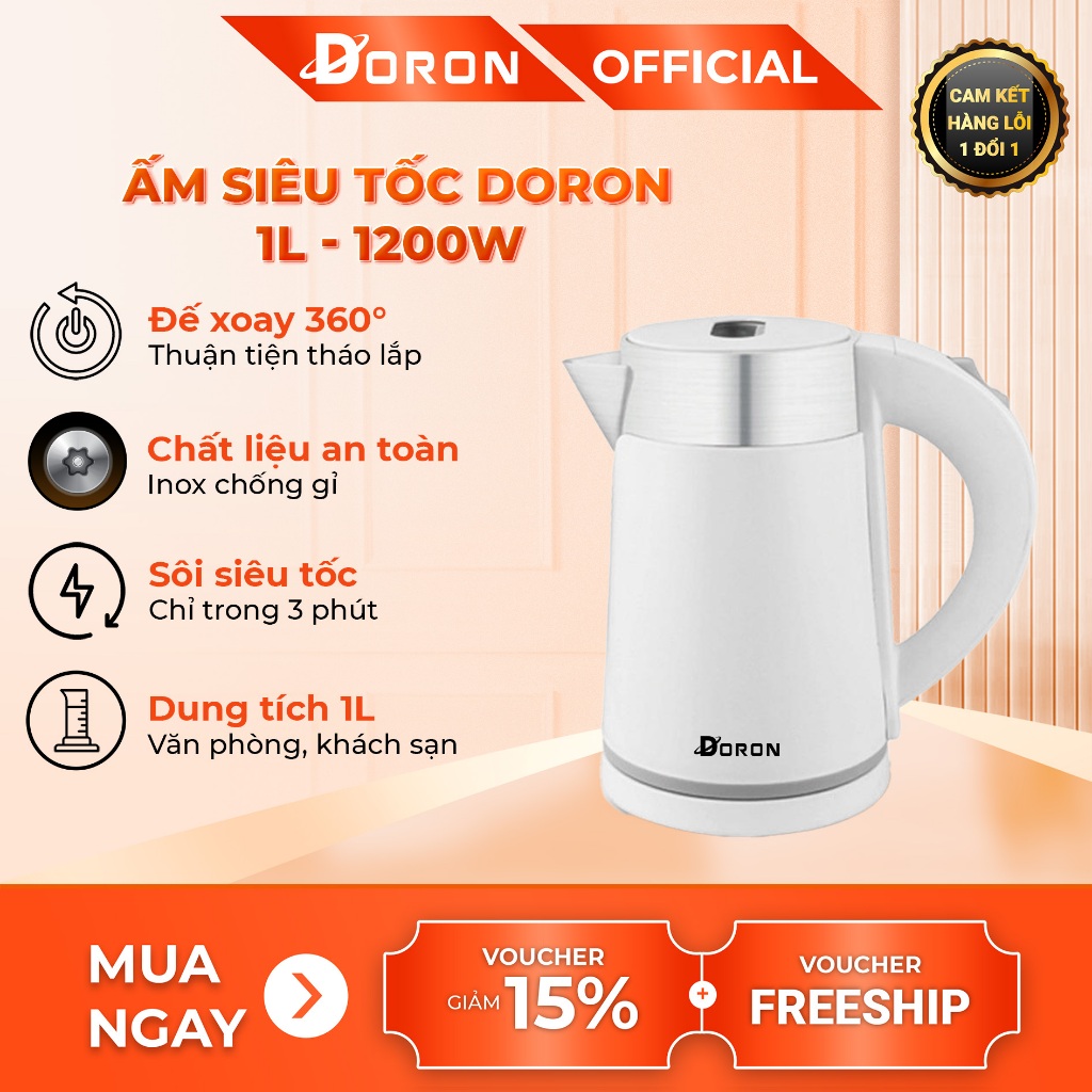 Ấm đun nước DORON 1200W dung tích 1l, tự ngắt điện khi sôi