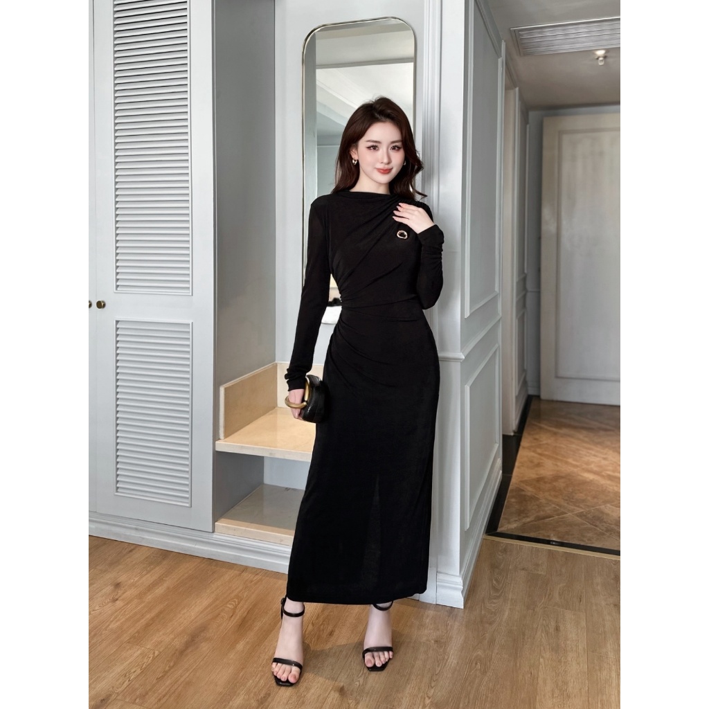 Đầm body ELLA DORA xếp ly eo form ôm co giãn dáng dài hiện đại dễ mặc hai màu ĐỎ ĐÔ/ĐEN [D268]