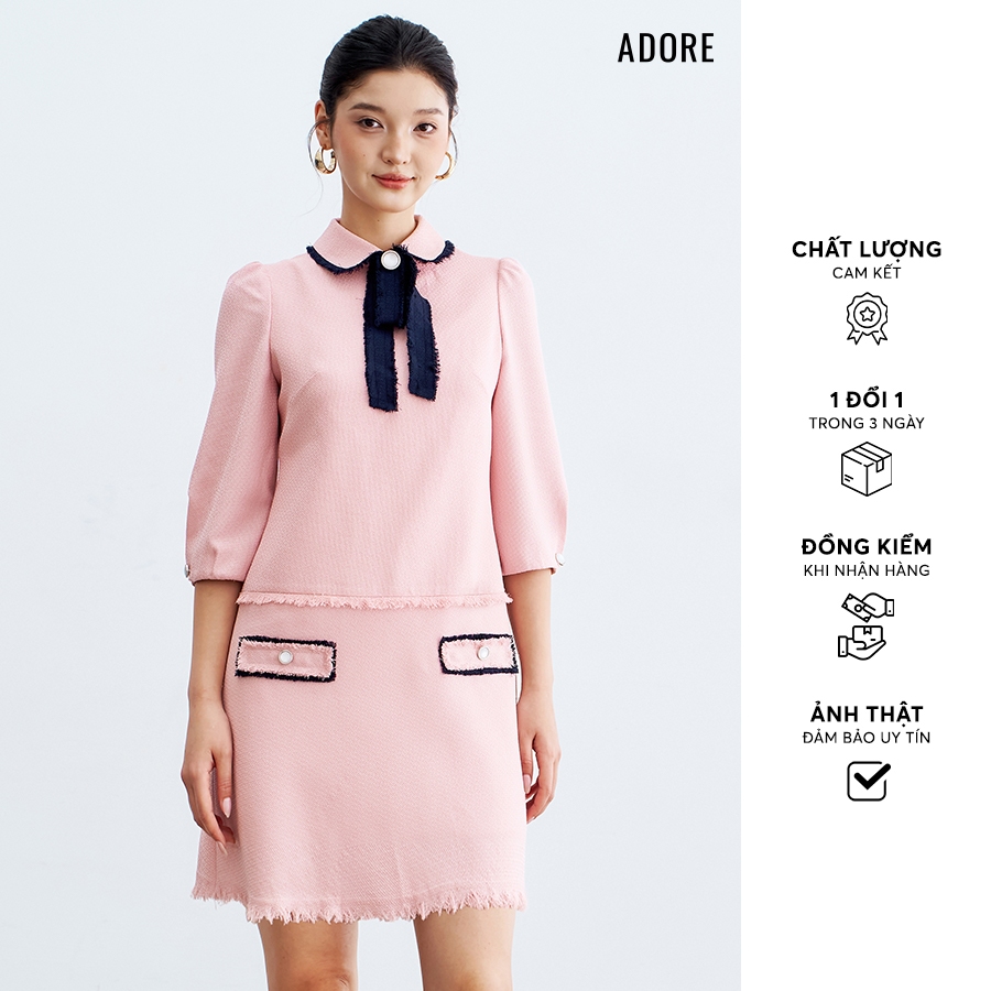 512DR1143 - Đầm mini A tech hồng pastel cổ rua đính nơ ADORE