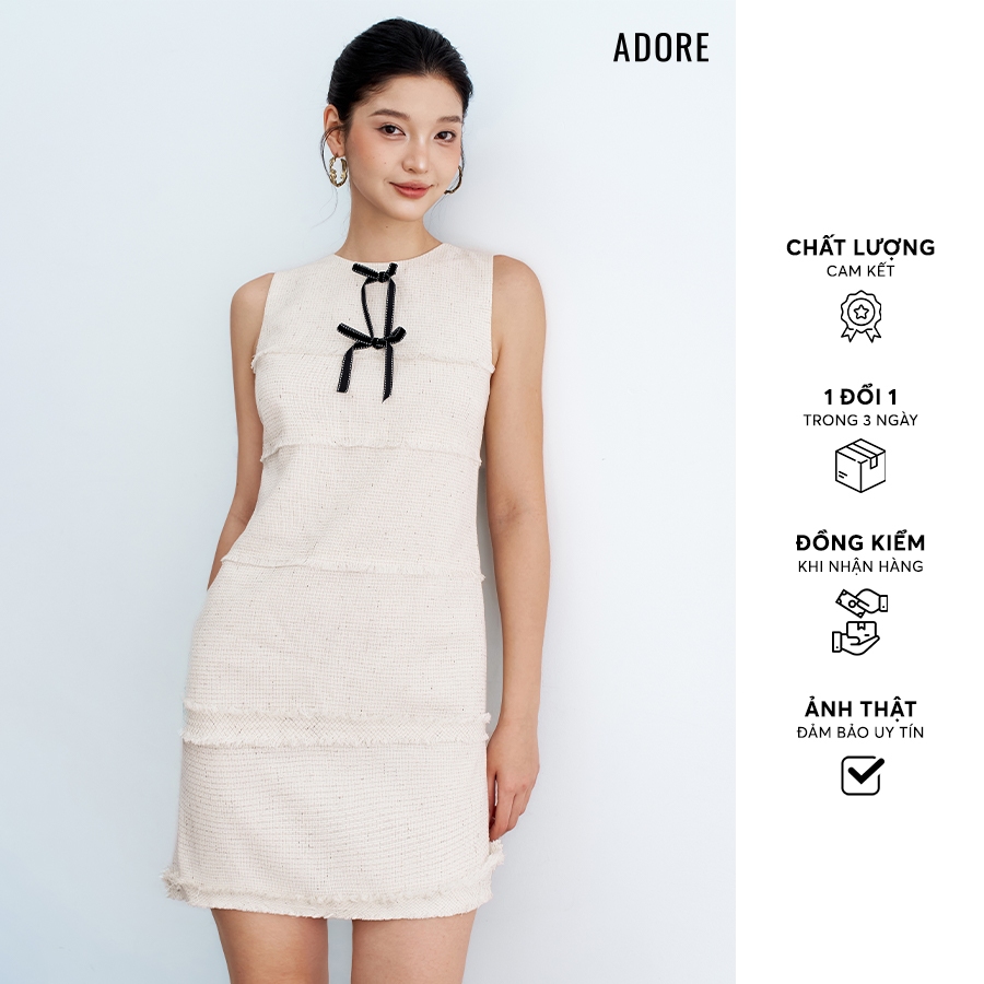 512DR1144  Đầm mini suông sát nách tech phẩy trắng đính nơ ADORE
