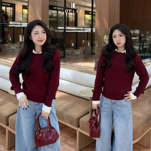- Áo len cổ tròn dài tay vặn thừng màu đỏ dáng trơn basic form rộng len dày AL69 500G