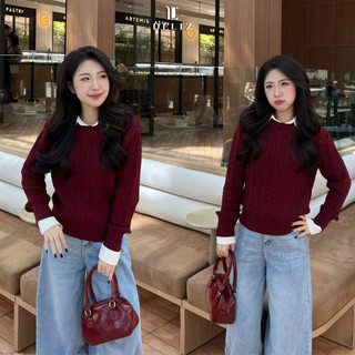 [DELIZ] - Áo len cổ tròn dài tay vặn thừng màu đỏ dáng trơn basic form rộng len dày AL69 500G