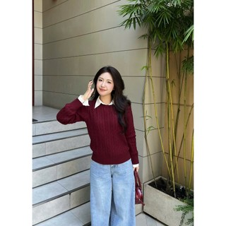 [DELIZ] - Áo len cổ tròn dài tay vặn thừng màu đỏ dáng trơn basic form rộng len dày AL69 500G