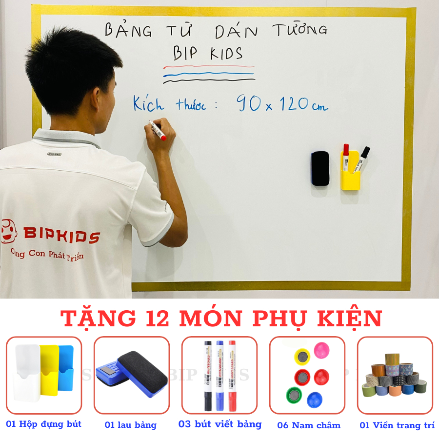 [Tặng Bộ 12 Phụ Kiện] Bảng từ trắng dán tường BIP KIDS - Bảng hút nam châm viết bút lông - Có dòng kẻ và không dòng kẻ
